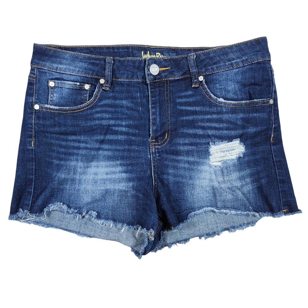Indigo Rein Womens Dark Wash Distressed Raw Hem Denim Jean Shorts Size 13/30